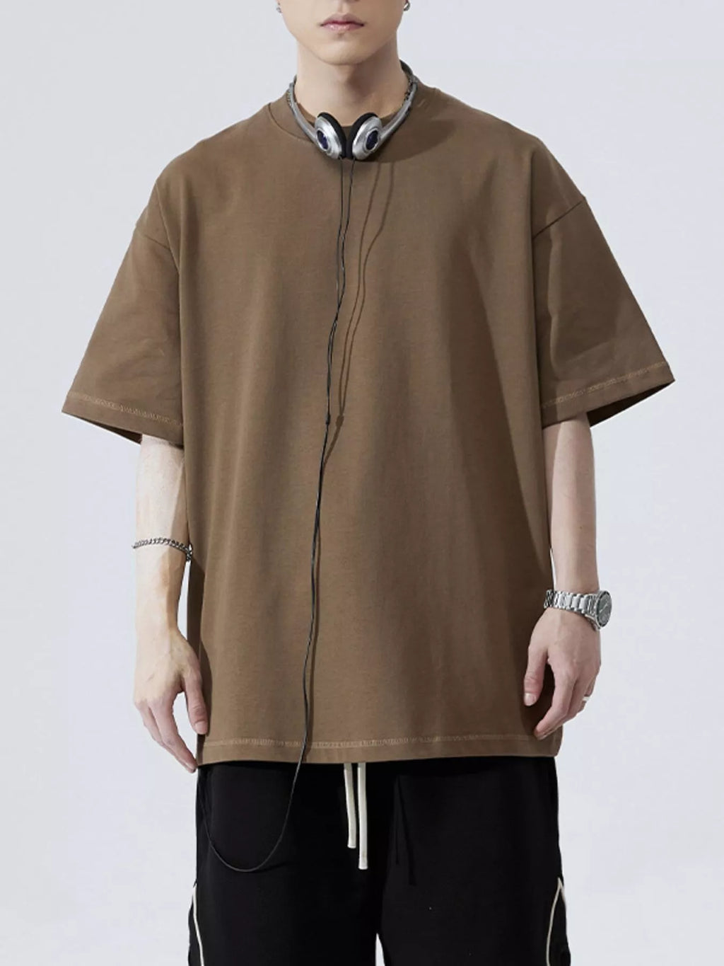 Round Neck Half Sleeve T-Shirt Plus Size in Brown for Men