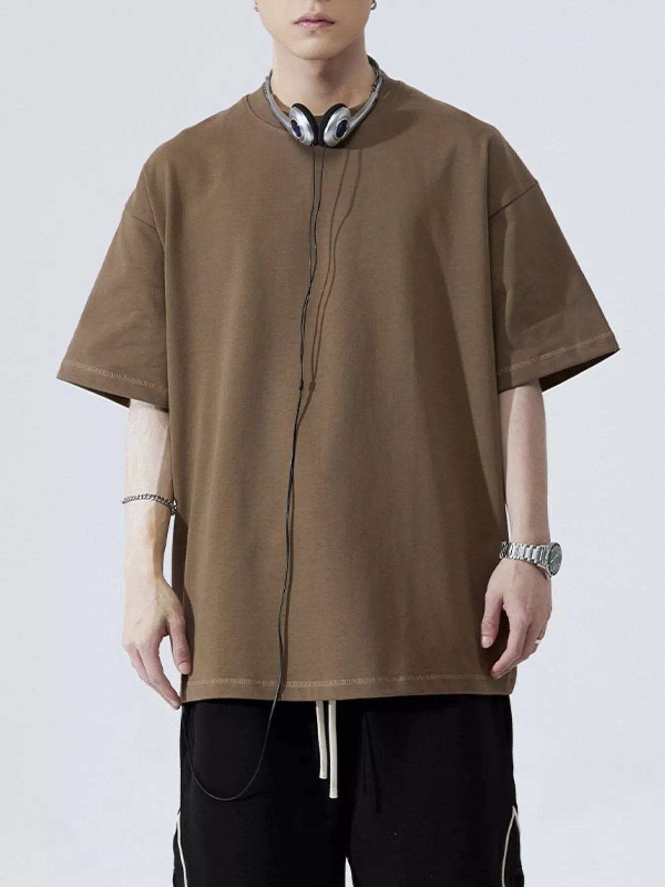 Round Neck Half Sleeve T-Shirt Plus Size in Brown for Men
