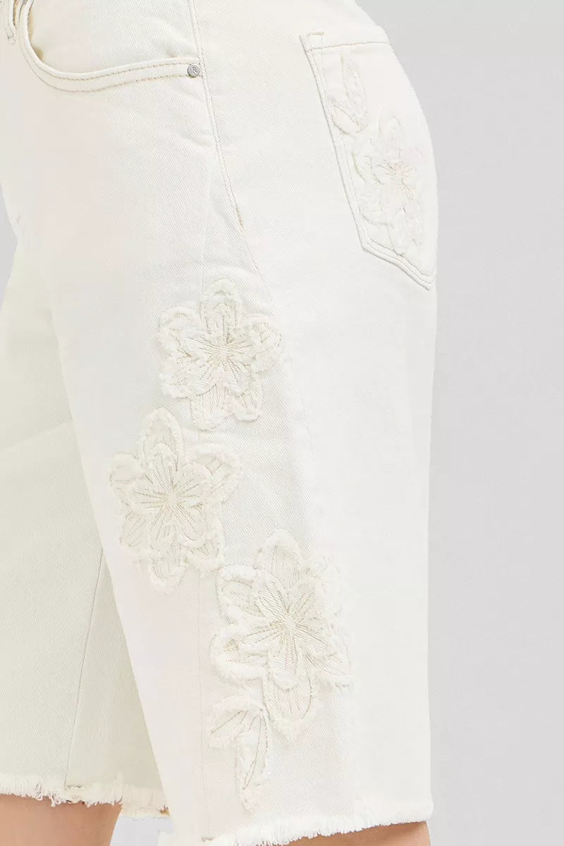 Slouchy Relaxed Floral Embroidered Bermuda Denim Shorts for Women