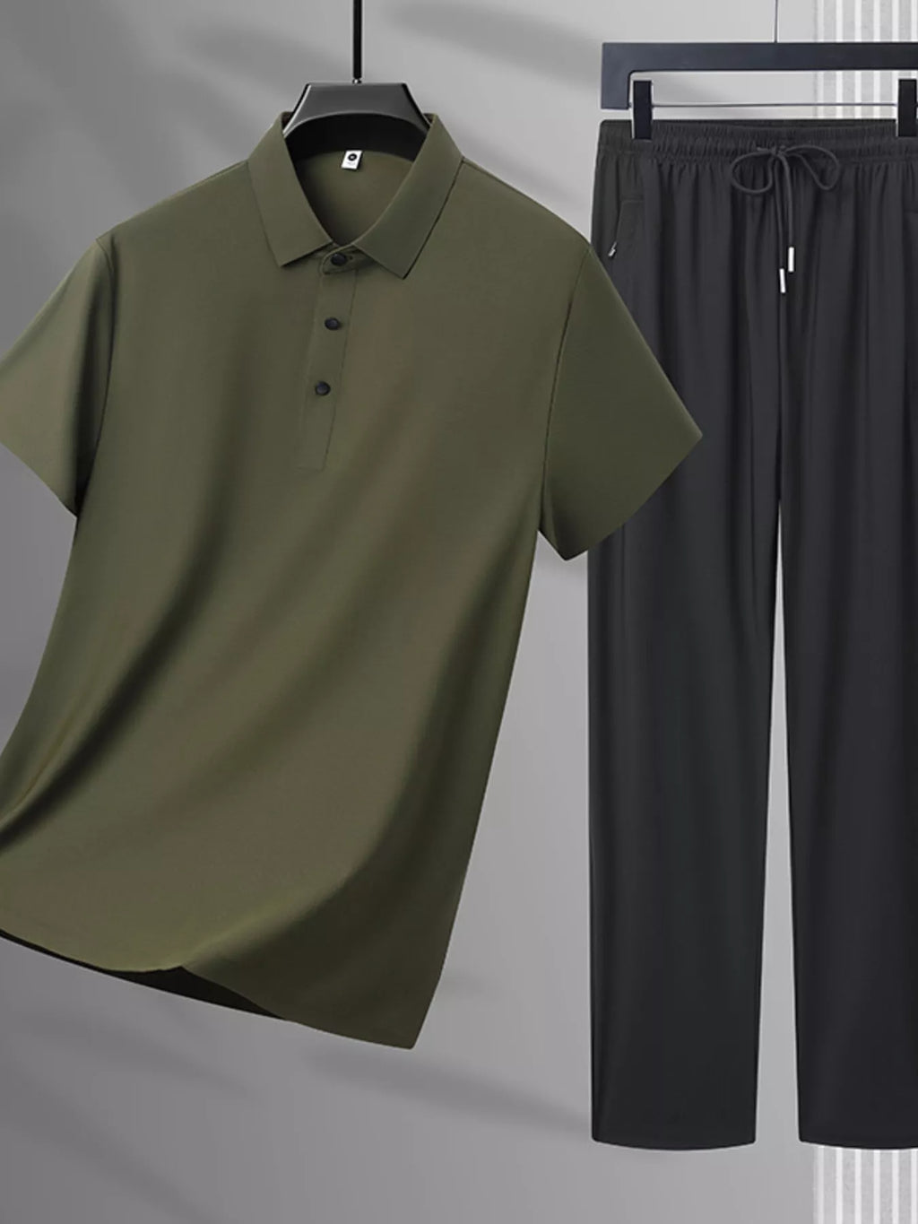 Plus Size Button Detail Polo and Pants Set in Black for Men