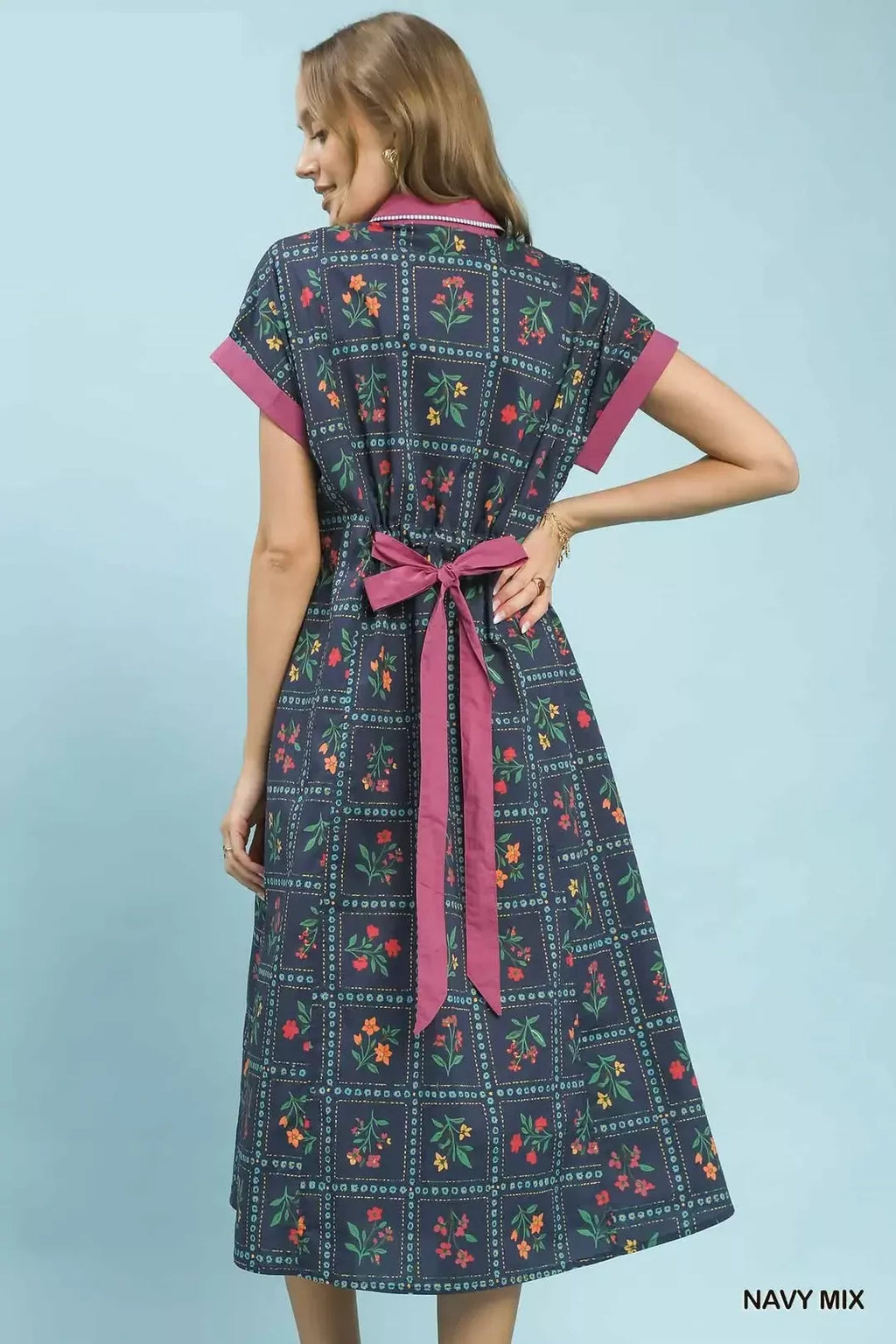 Mix Floral Button-Front Midi Dress in Navy Mix for Women