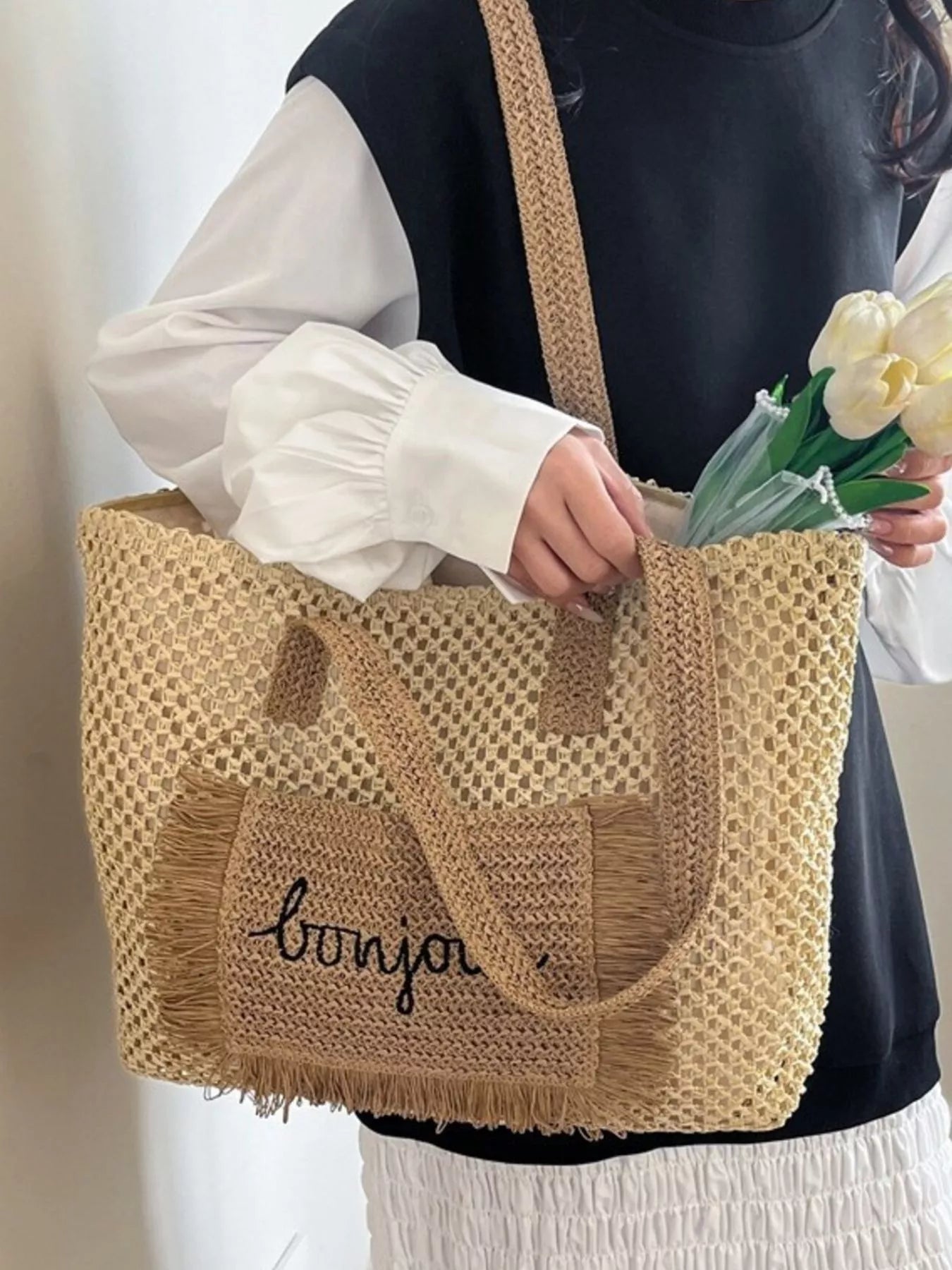 Fringe Straw Shoulder Bag for Women