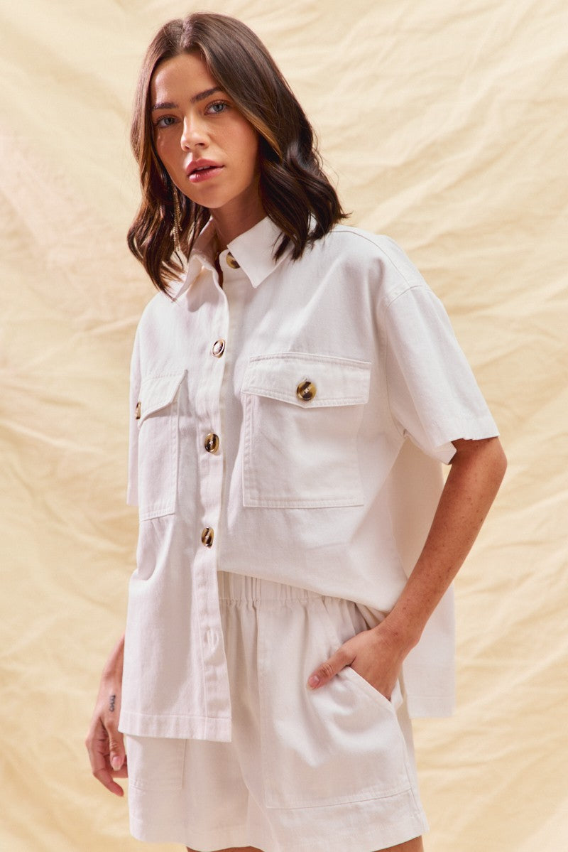 Button Down Denim Game Day Top and Shorts Set in Off White for Women