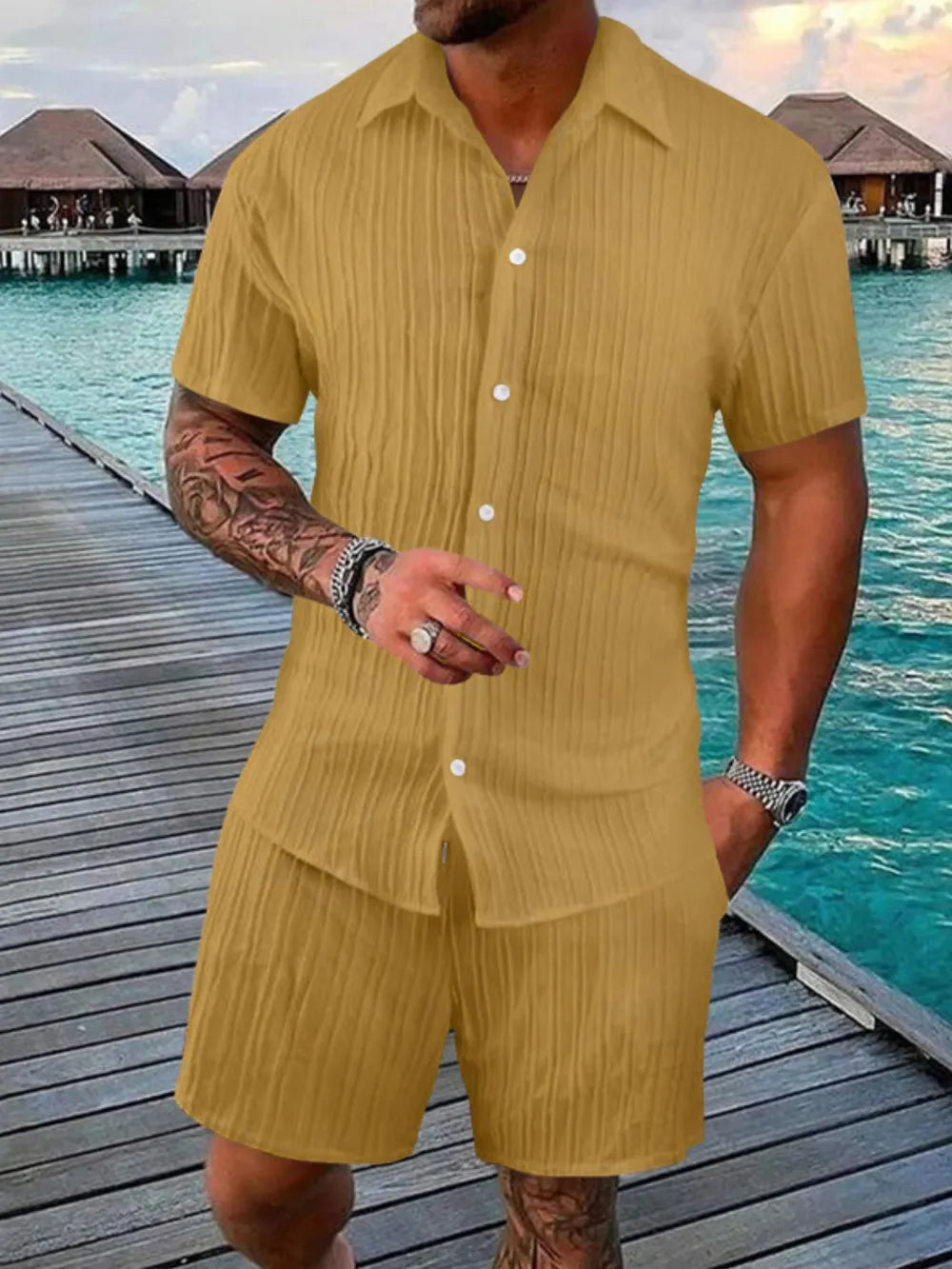 Button Down Short Sleeve Shirt and Shorts Set Plus Size in Gray for Men
