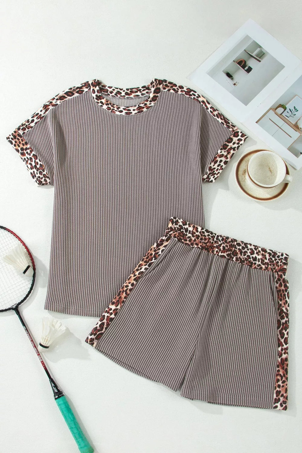 Leopard Trim Ribbed Knit Tee and Shorts Set in Taupe for Women