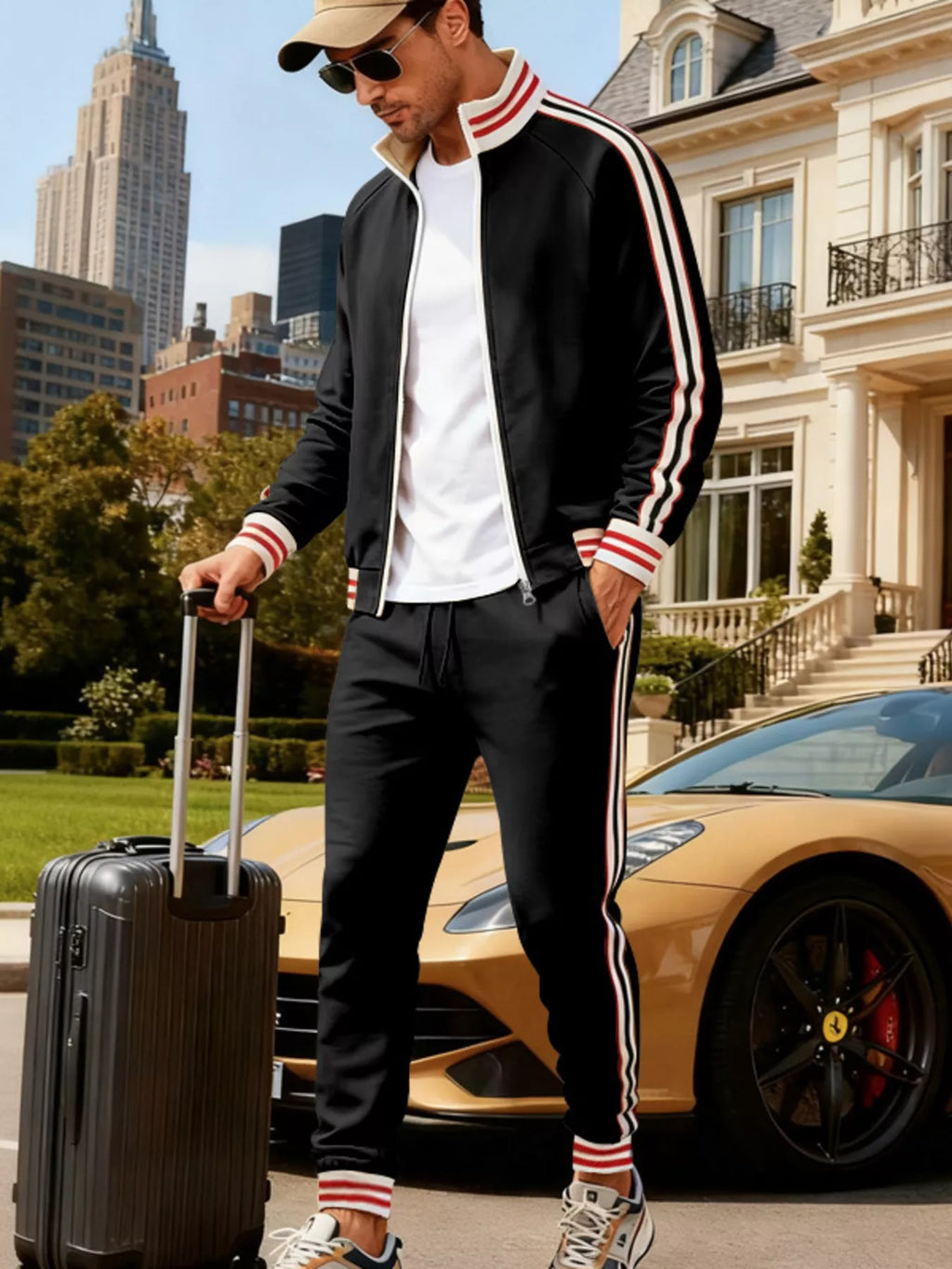 Striped Zip Up Outerwear and Pants Plus Size in Black for Men