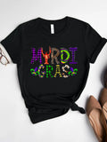 Mardi Gras Round Neck Short Sleeve T-Shirt in Black for Women