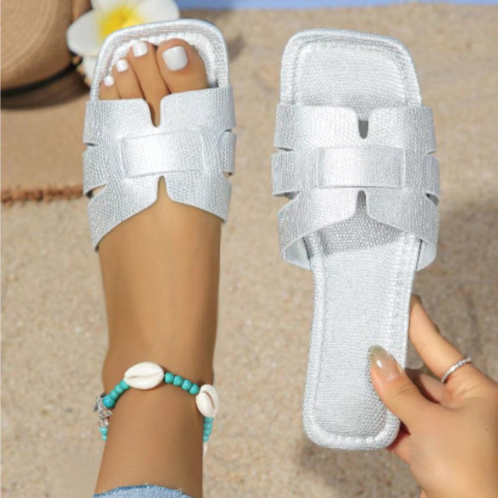 Woven Strap Flat Sandals in Beige White for Women