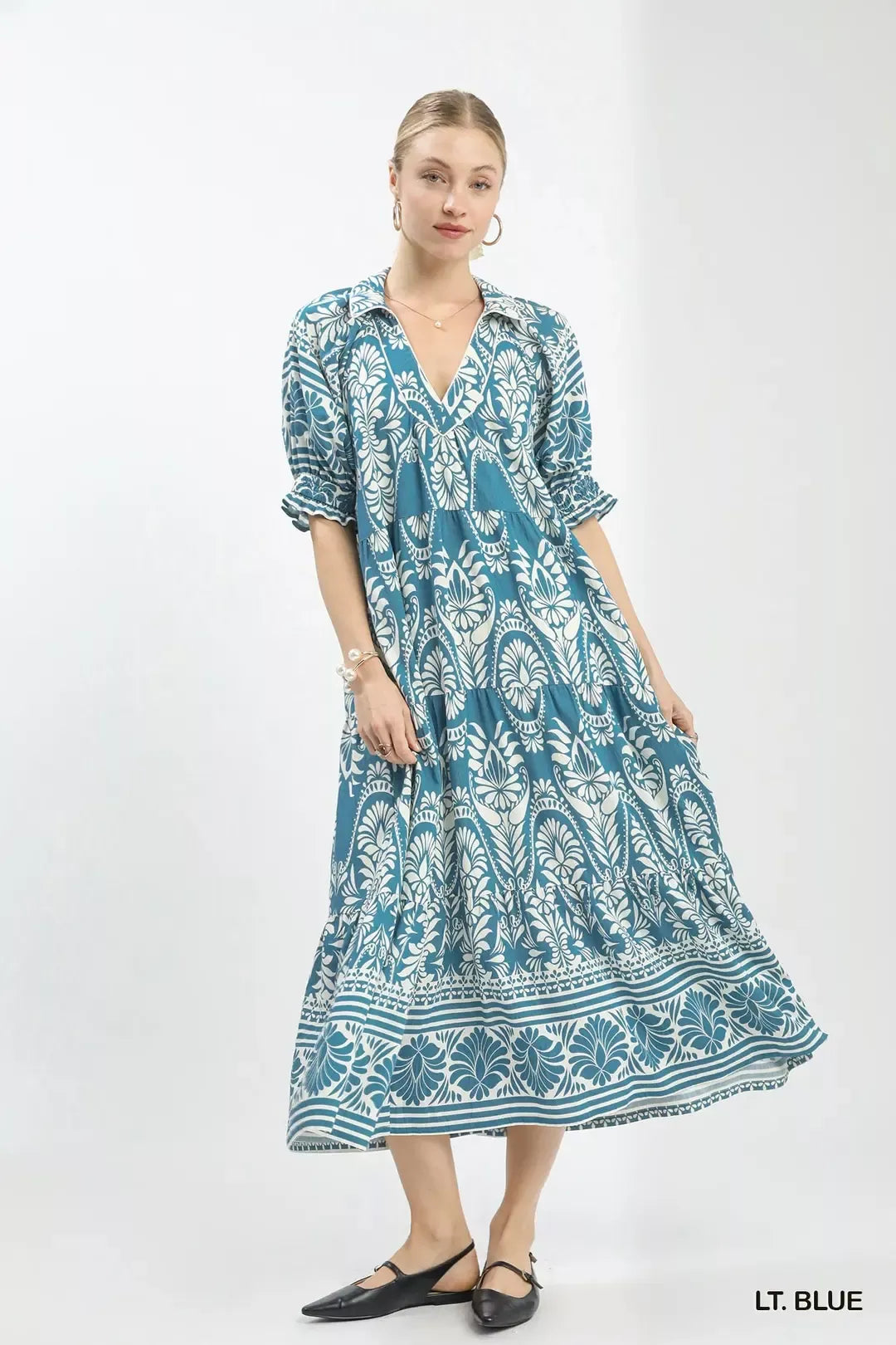 Two Tone Border Print Midi Dress in Light Blue for Women