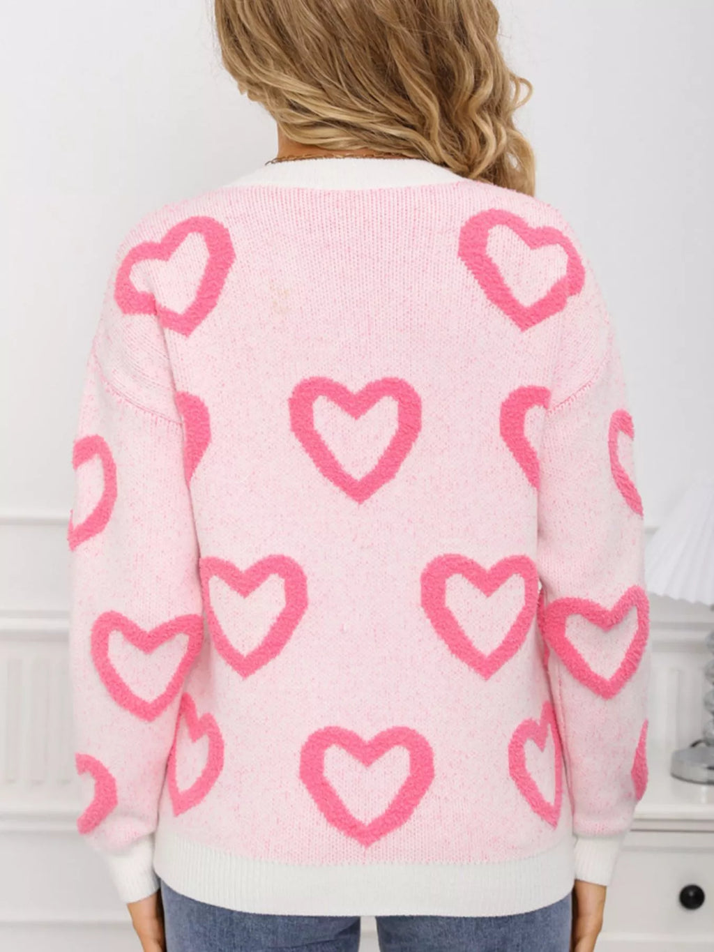 Valentines Day Heart Pattern Round Neck Sweater in White in Rose Red for Women