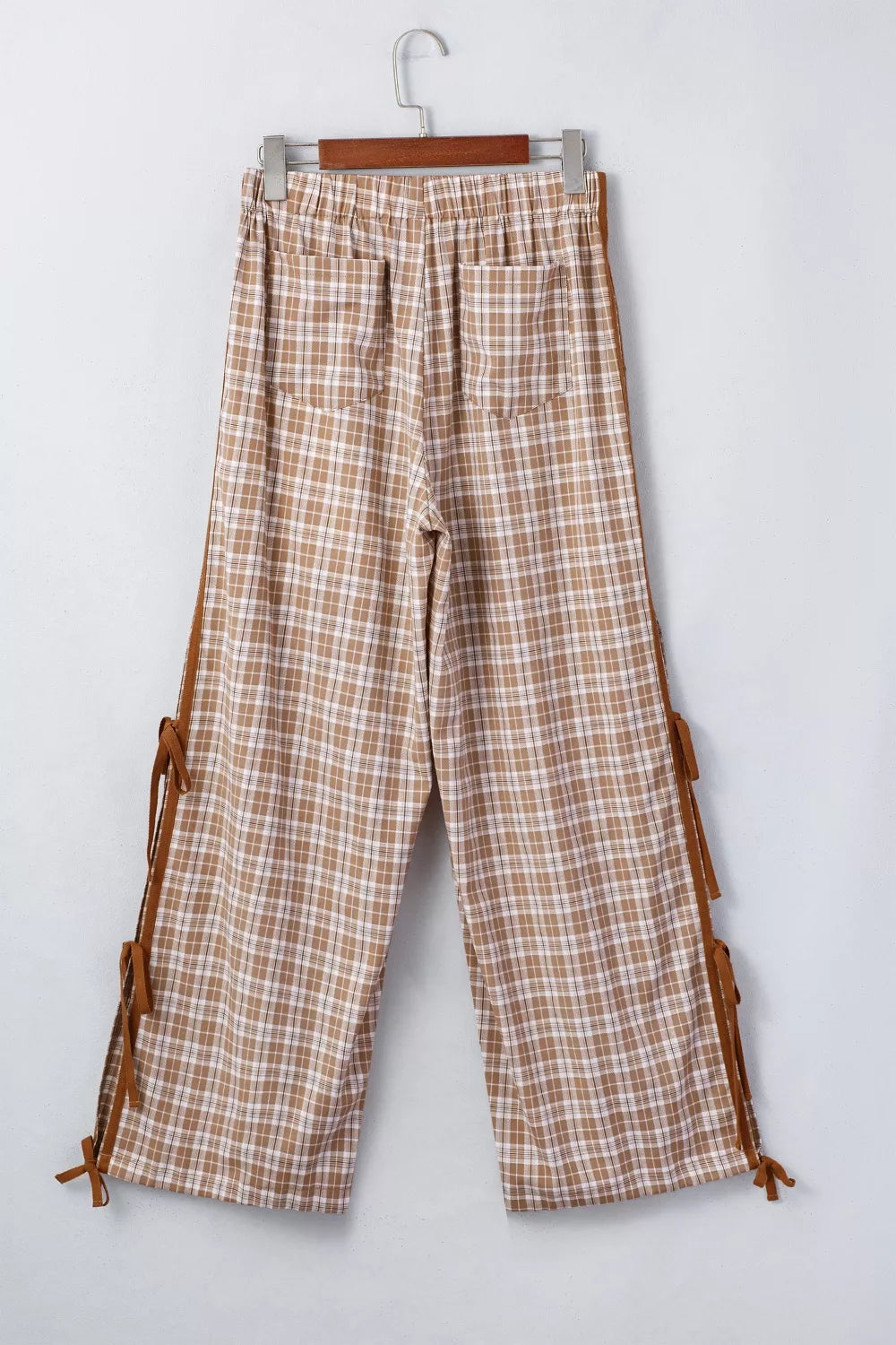 Plaid Print Tie Detail Casual Pants in Camel for Women
