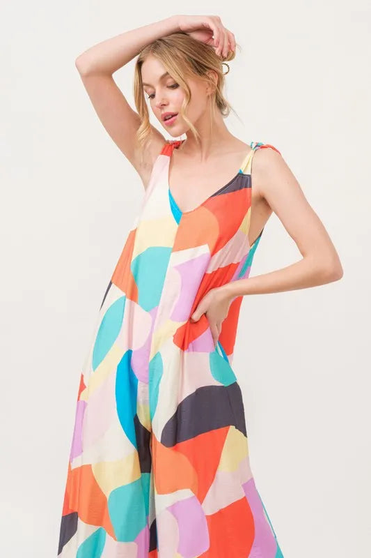 Tied Shoulder Straps Wide-Leg Geo Print Jumpsuit for Women