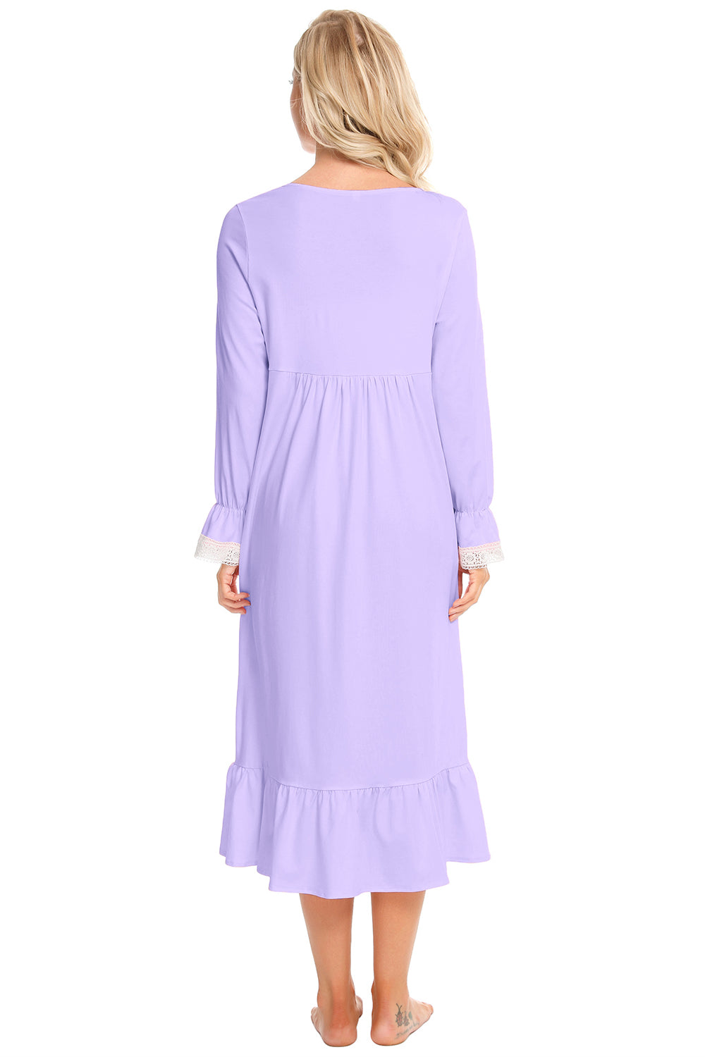 Lace Detail Square Neck Flounce Sleeve Night Dress in White for Women