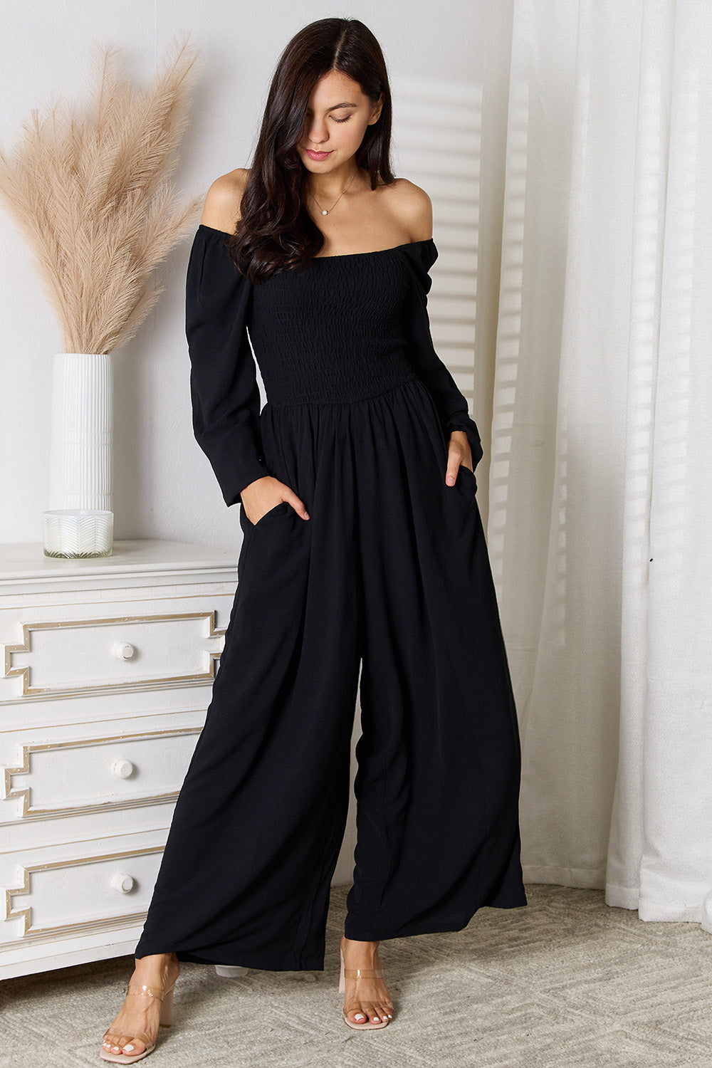 Square Neck Jumpsuit with Pockets in Black for Women