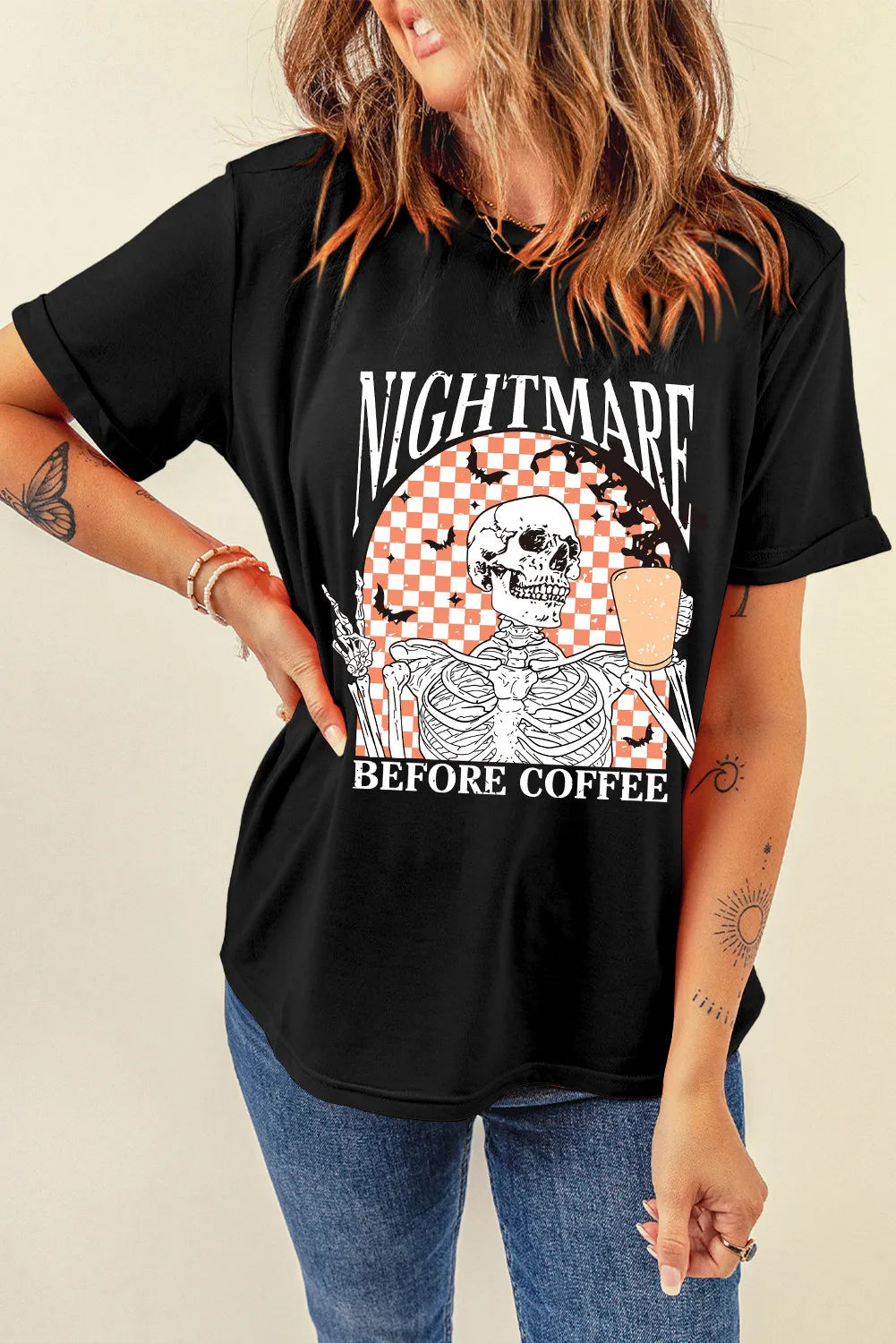 Graphic Round Neck Short Sleeve T-Shirt in Black for Women