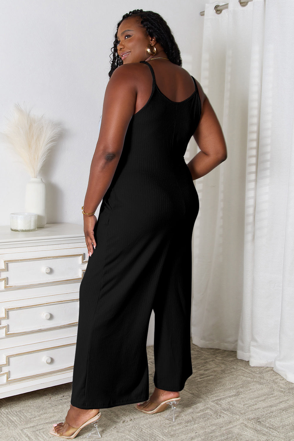 Plus Size Spaghetti Strap V-Neck Jumpsuit in Black for Women