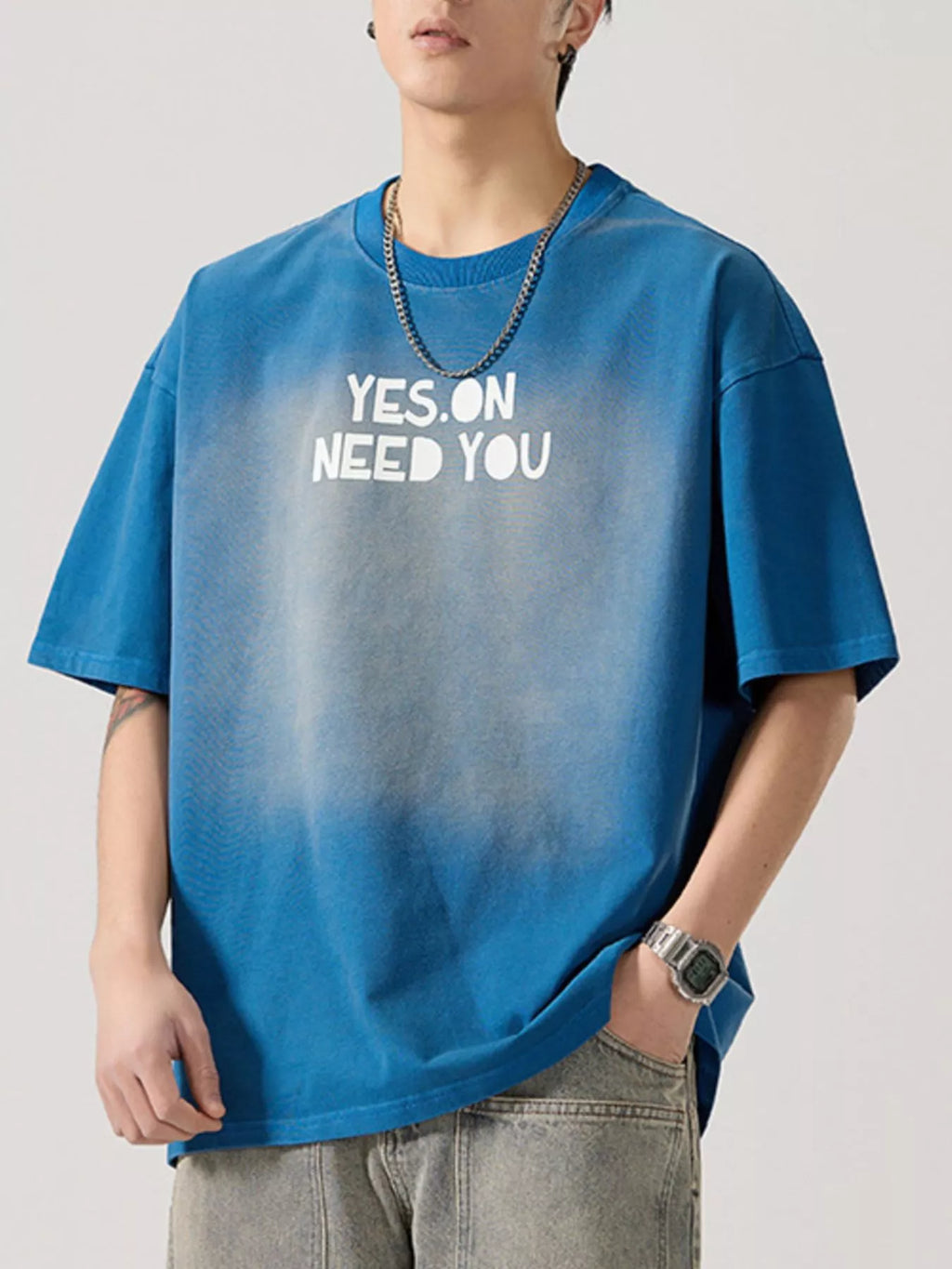 Letter Round Neck Short Sleeve T-Shirt Plus Size in Washed Gray for Men
