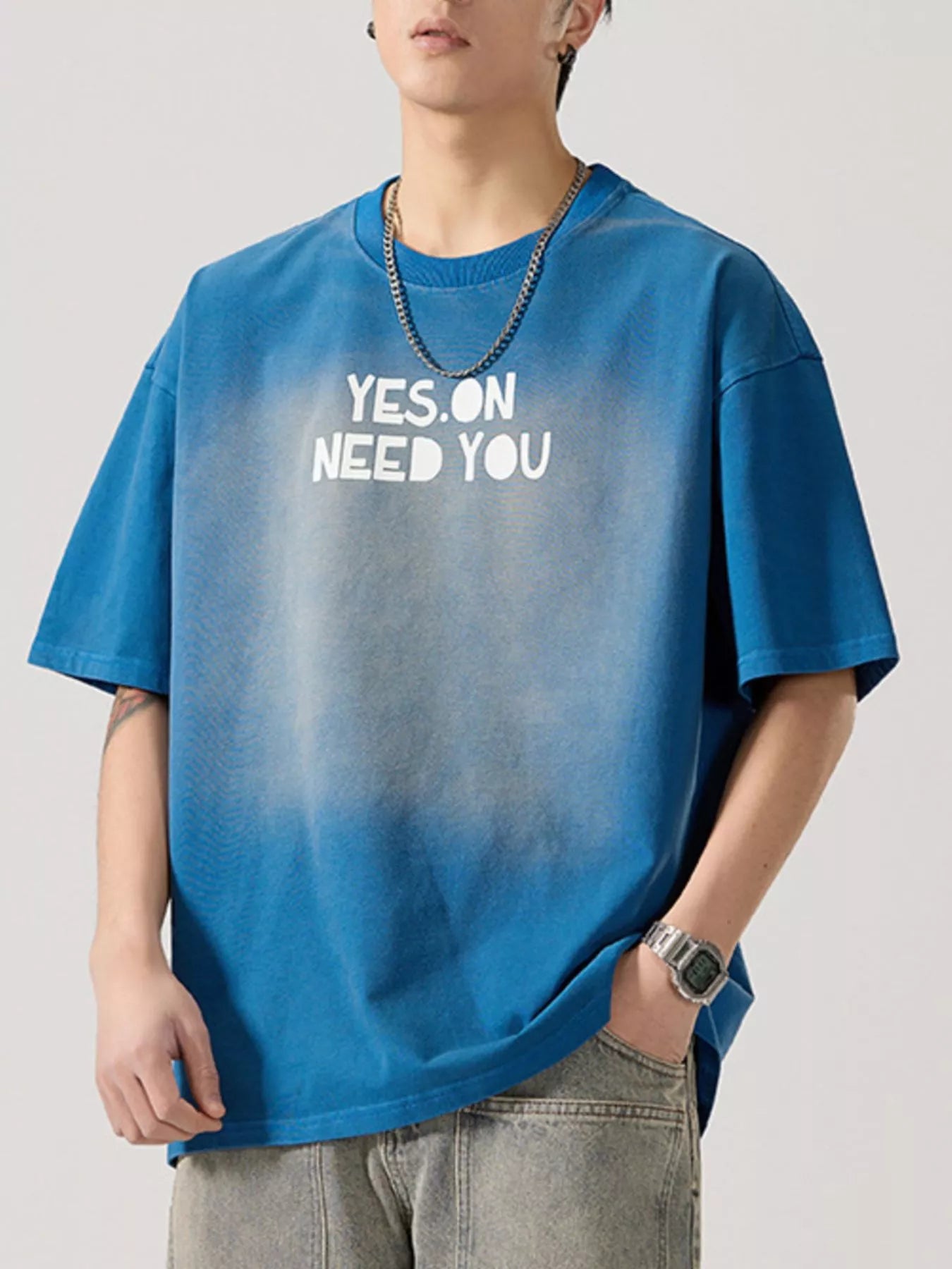 Letter Round Neck Short Sleeve T-Shirt Plus Size in Washed Gray for Men