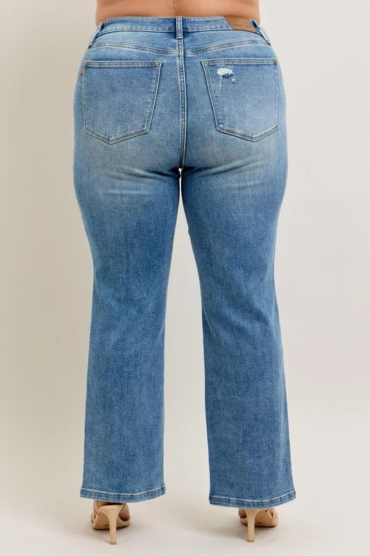 High Waist Vintage Wash Front Seam & Slit Straight Plus Size in Md for Women