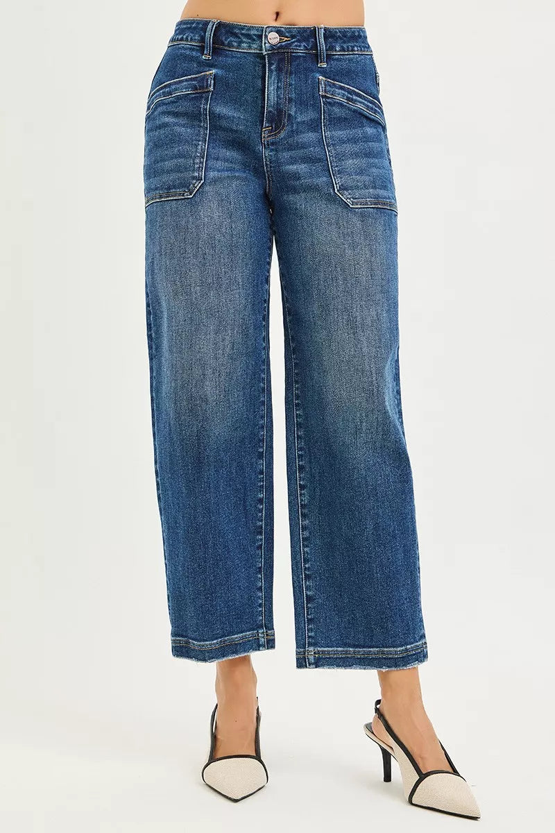 Slouchy Cropped Baggy Jeans with Front Patch Pocket in Dark for Women