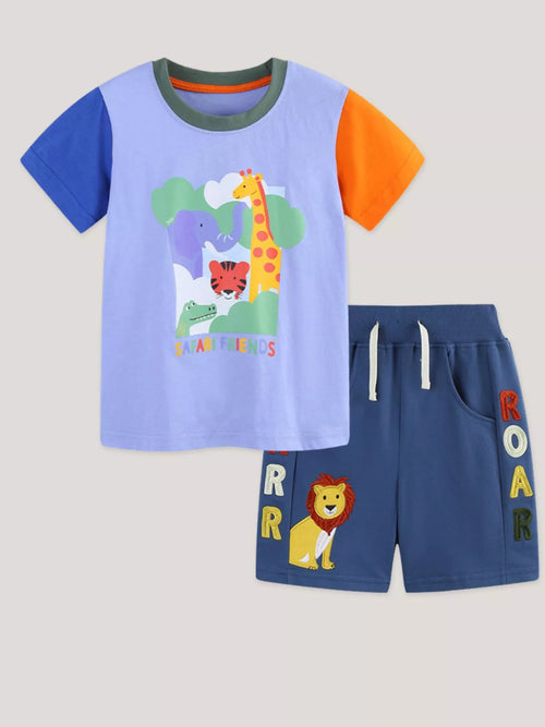 Animal Graphic Color Block Tee and Shorts Set in Multicolor for Boys