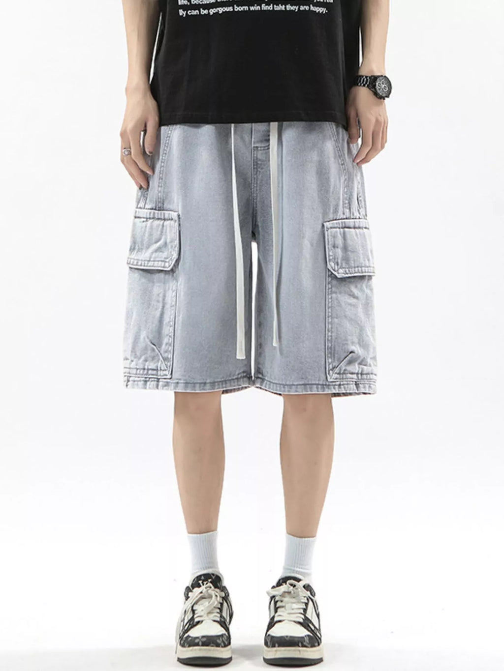 Wash Drawstring Cargo Shorts Plus Size in Cement Gray for Men