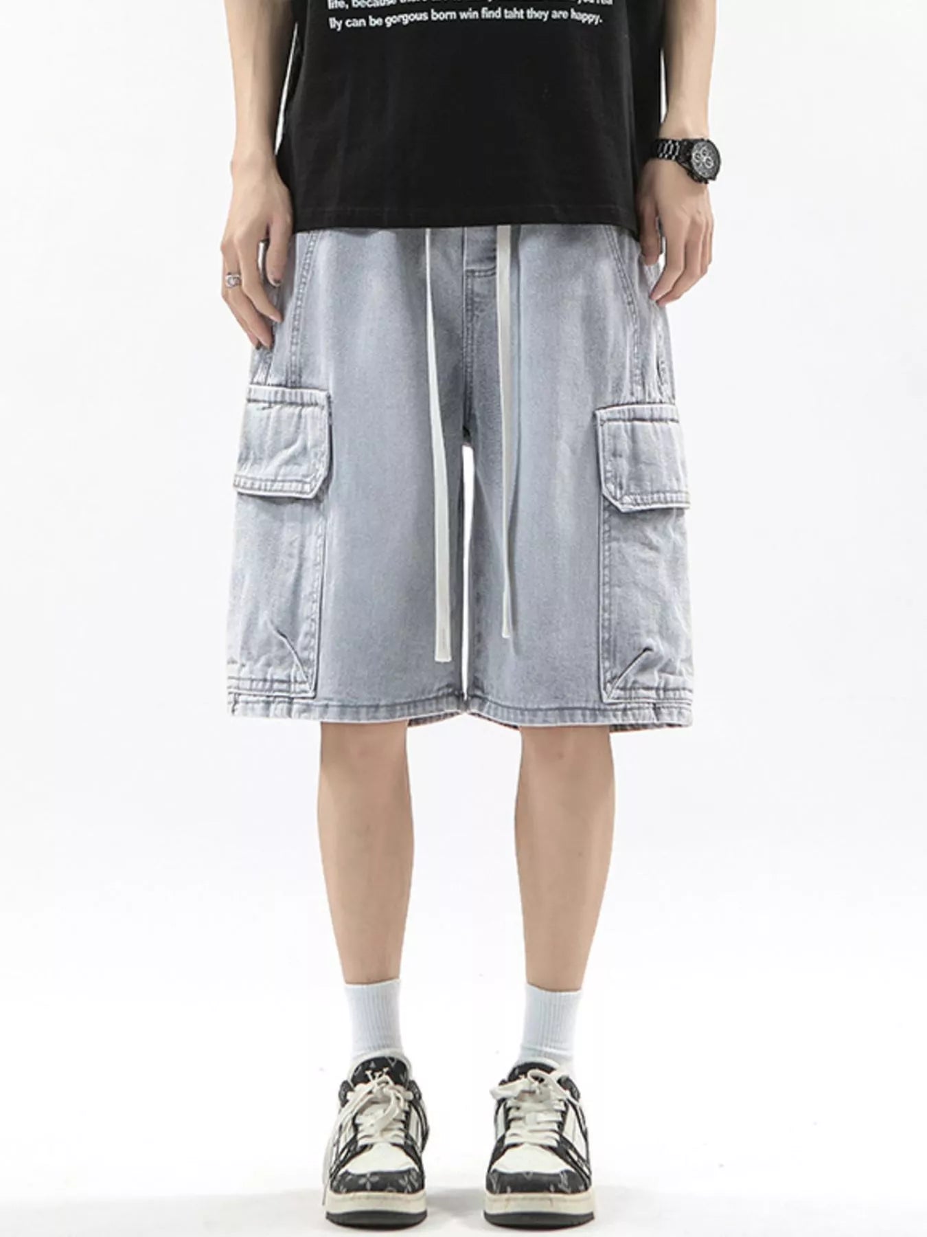 Wash Drawstring Cargo Shorts Plus Size in Cement Gray for Men