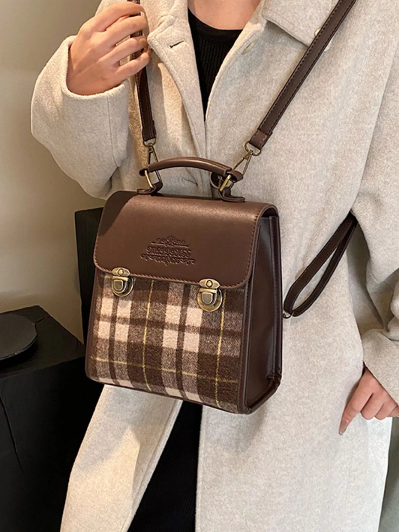 Vintage Plaid Flap Backpack Bag for Women