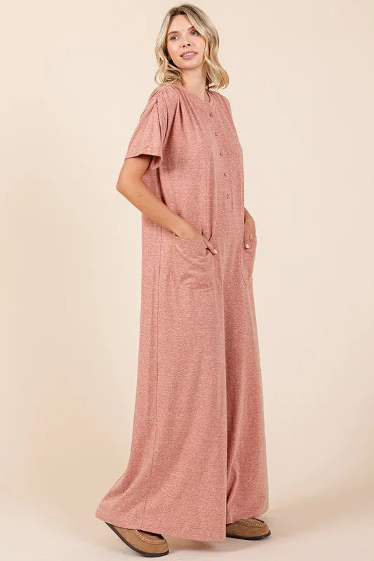 Button Detail Short Sleeve Wide Leg Jumpsuit for Women