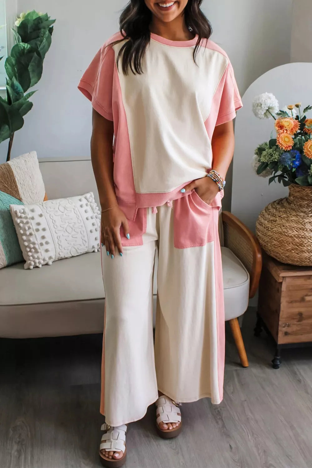 Two-Tone Color Block Patchwork Tee Drawstring Loose Pant Set in Pale Blush for Women