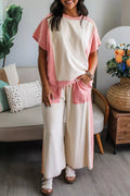 Two-Tone Color Block Patchwork Tee Drawstring Loose Pant Set in Pale Blush for Women
