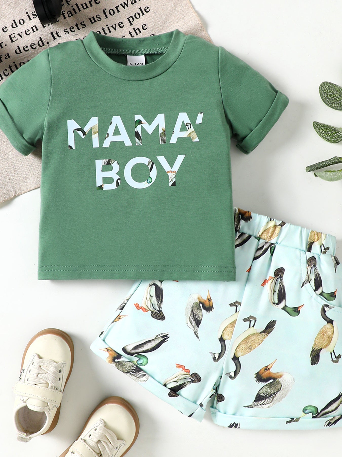 Mama Boy Graphic Casual Tee and Shorts Set in Turquoise for Boys