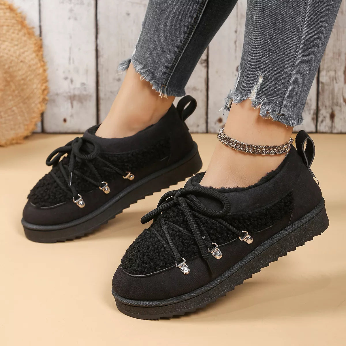 Lace Up Round Toe Platform Ankle Boots in Black for Women