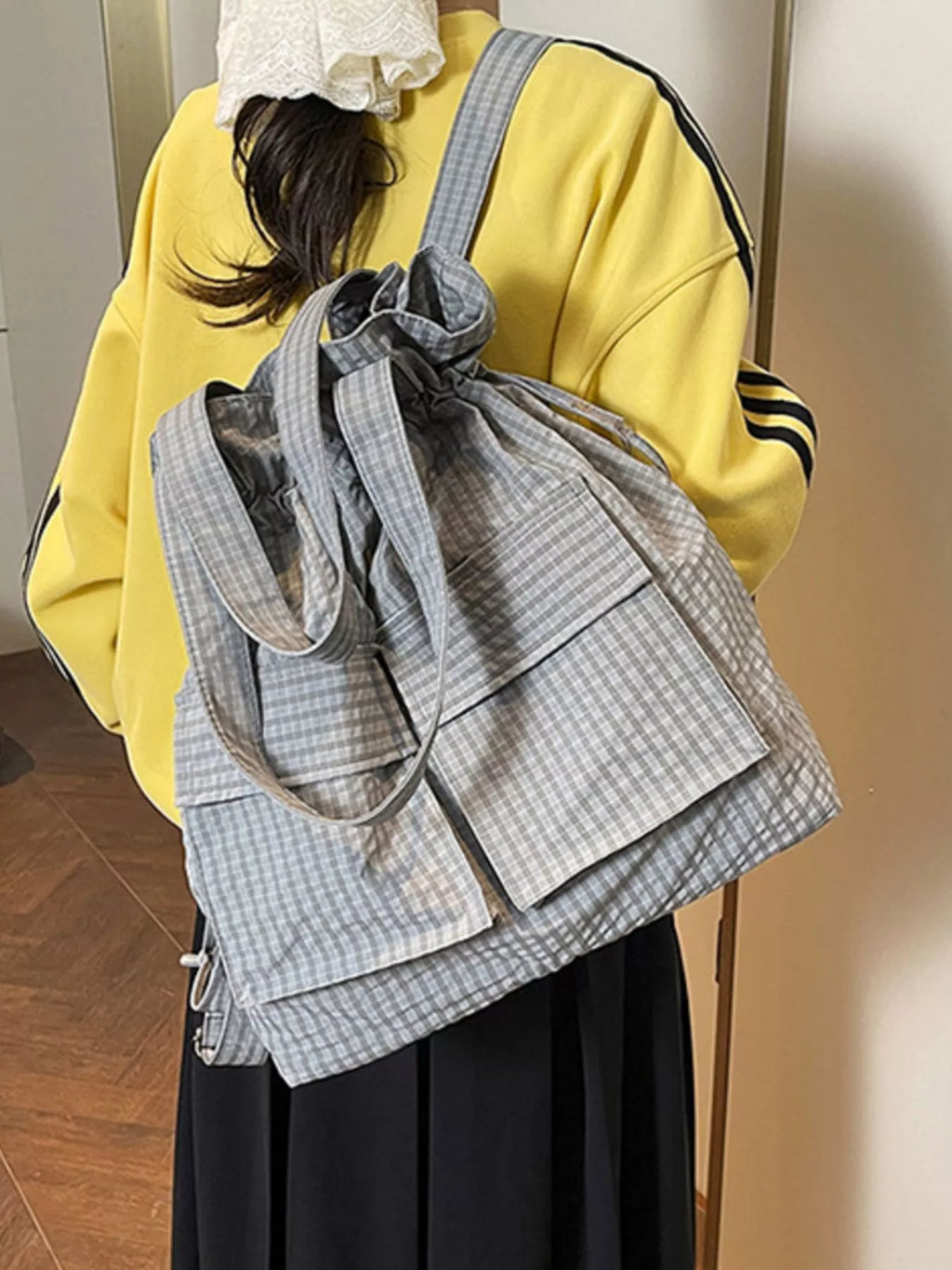 Convertible Plaid Drawstring Backpack Bag for Women