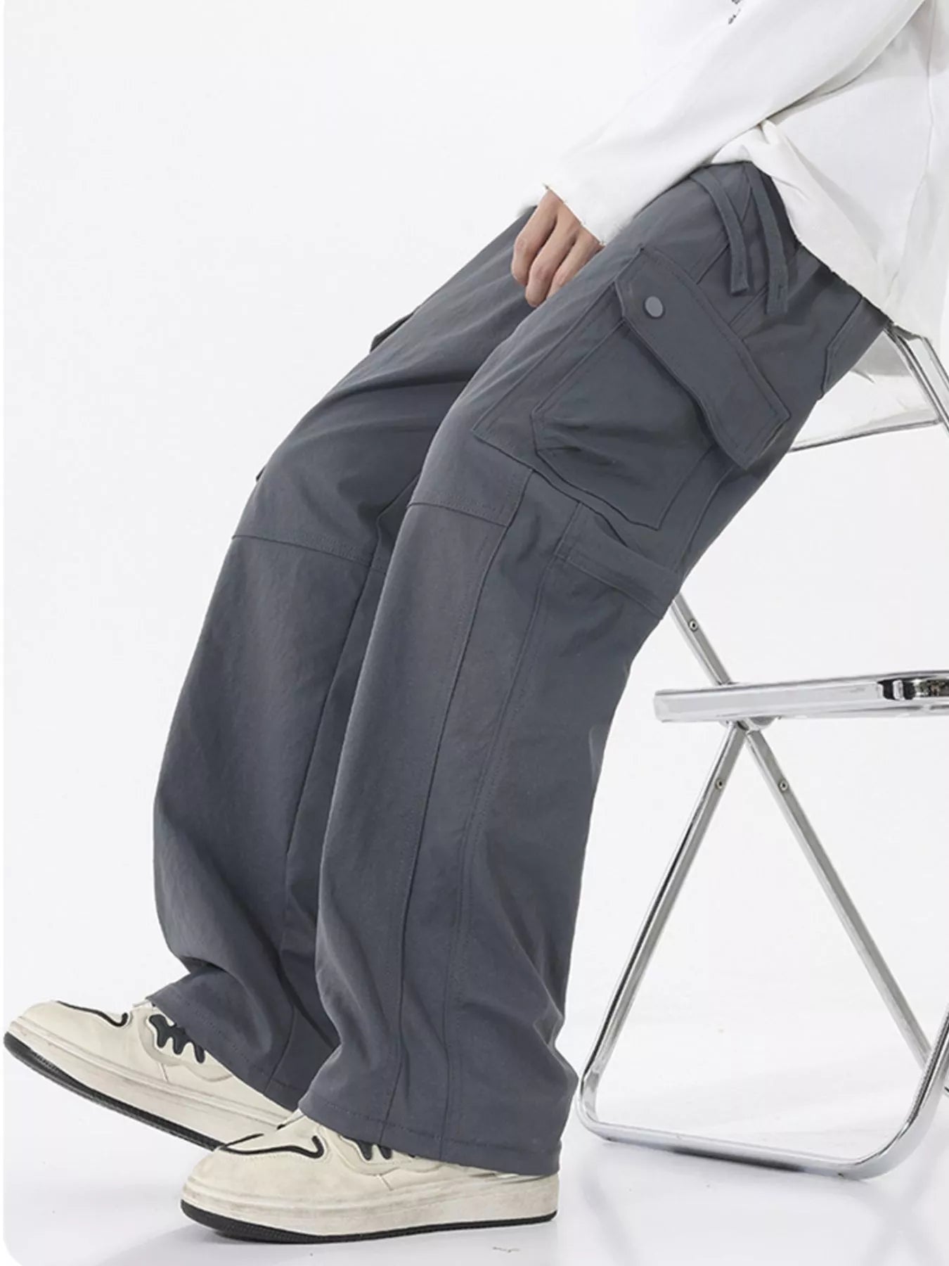 Drawstring Cargo Wide Leg Pants Plus Size in Modern Gray for Men