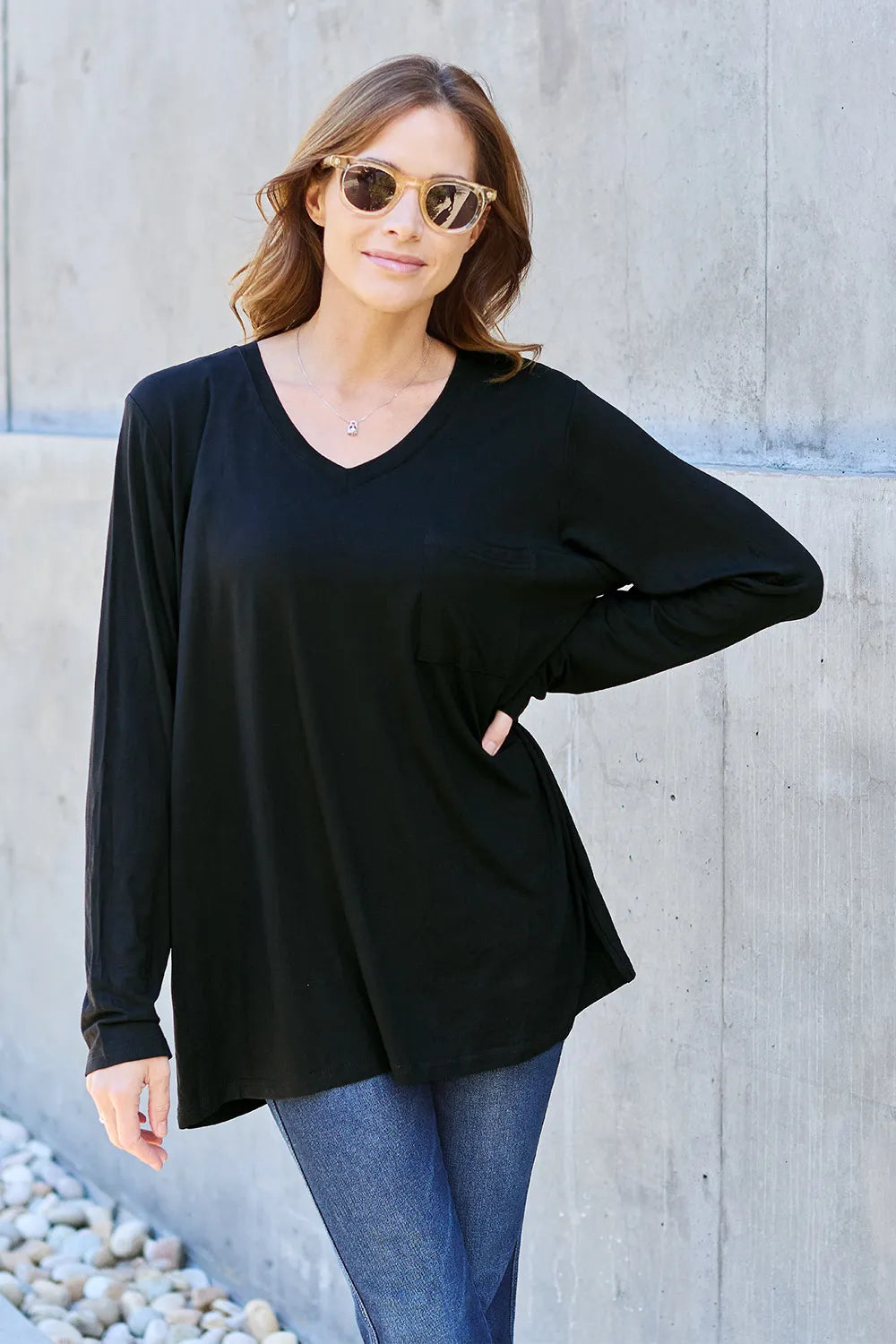 Plus Size V-Neck Long Sleeve Top in Black for Women