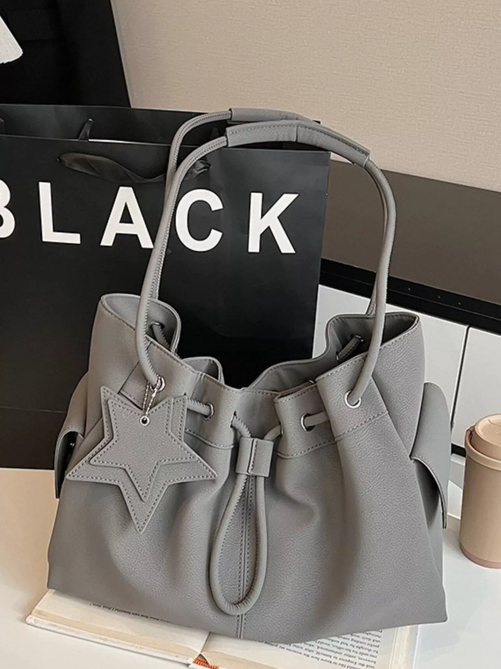 Drawstring Shoulder Bag with Star Charm for Women