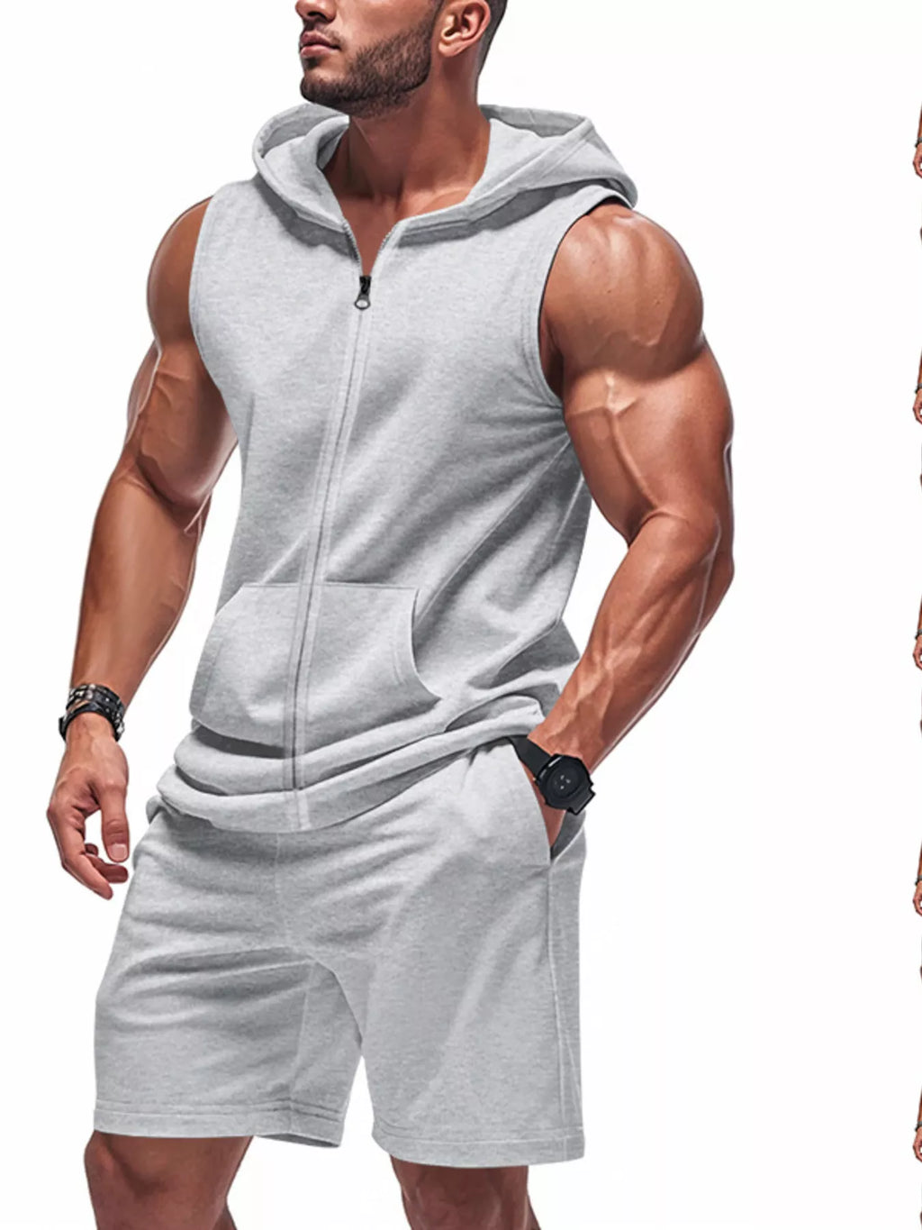 Zip Up Sleeveless Hoodie & Shorts Set Plus Size in Red for Men