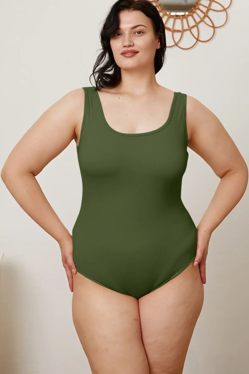 Plus Size Square Neck Sleeveless Bodysuit in Dark Green for Women