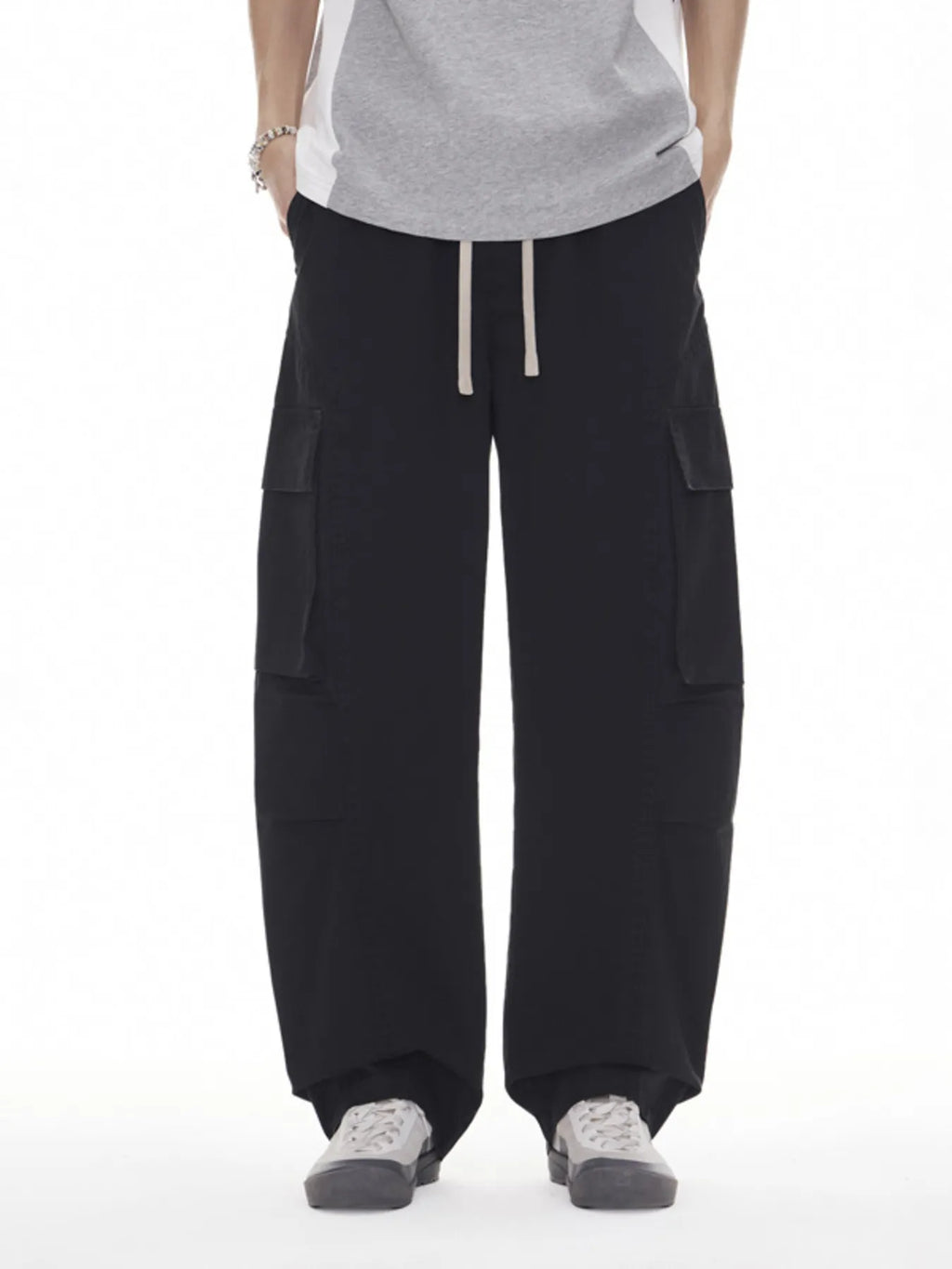 Plus Size Wide Leg Cargo Drawstring Pants in Black for Men