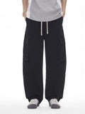 Plus Size Wide Leg Cargo Drawstring Pants in Black for Men