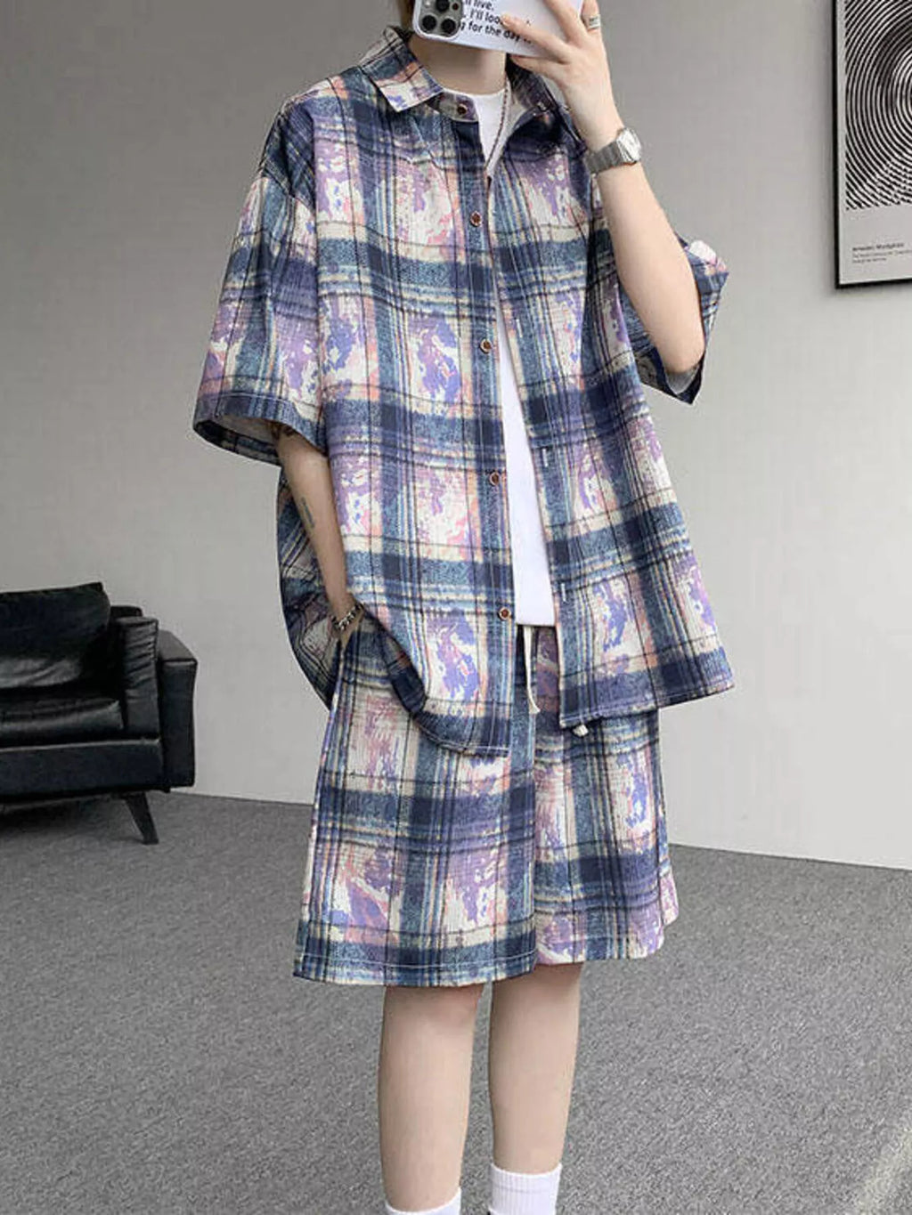 Plus Size Casual Plaid Print Shirt & Shorts Set in Purple for Men