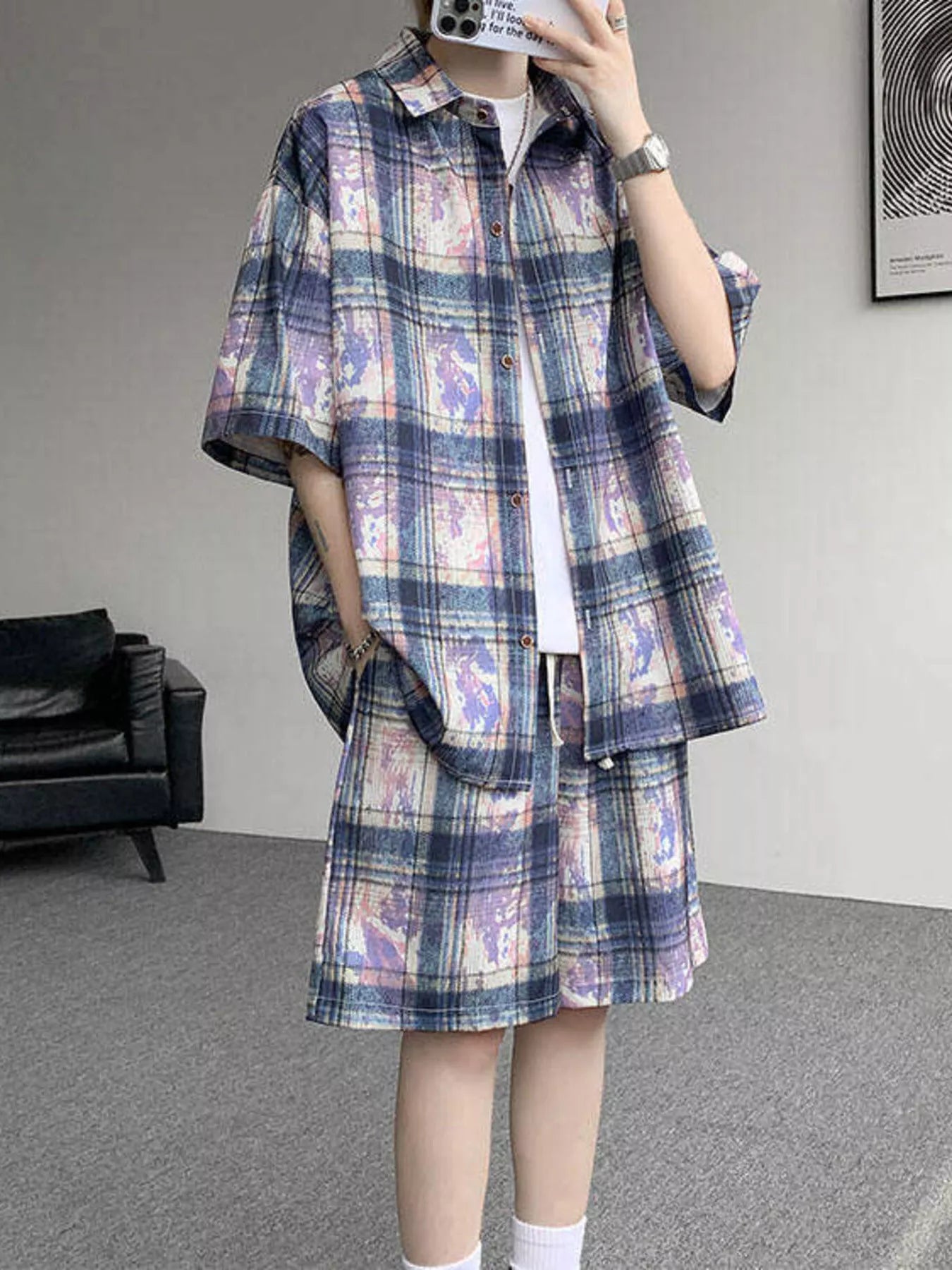 Plus Size Casual Plaid Print Shirt & Shorts Set in Purple for Men