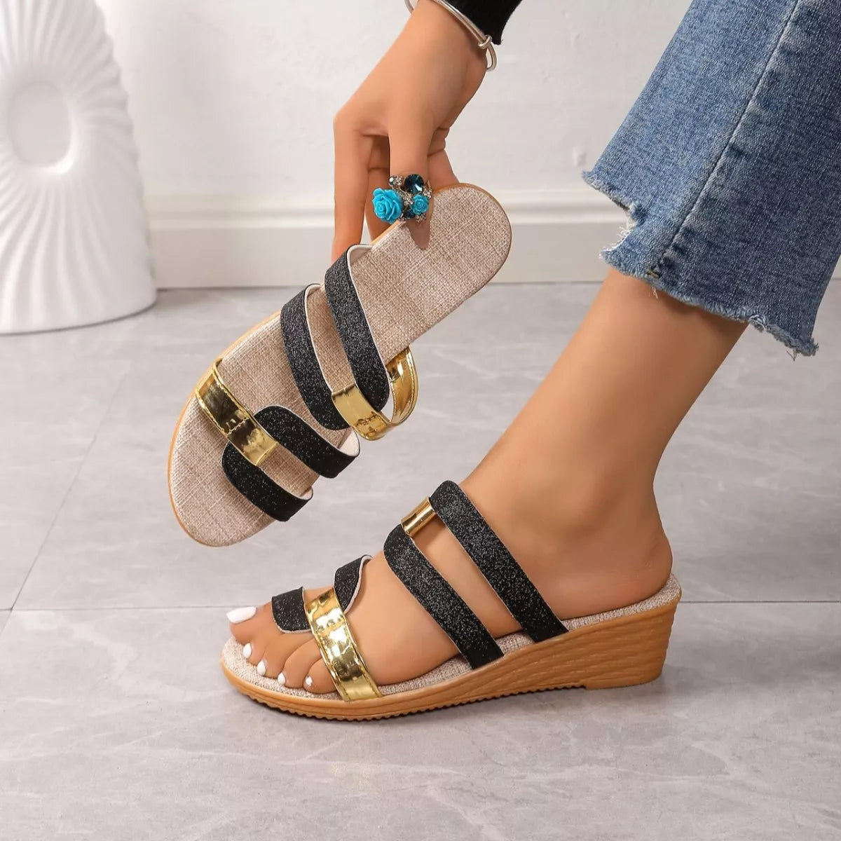 Open Toe Wedge Sandals in Black for Women