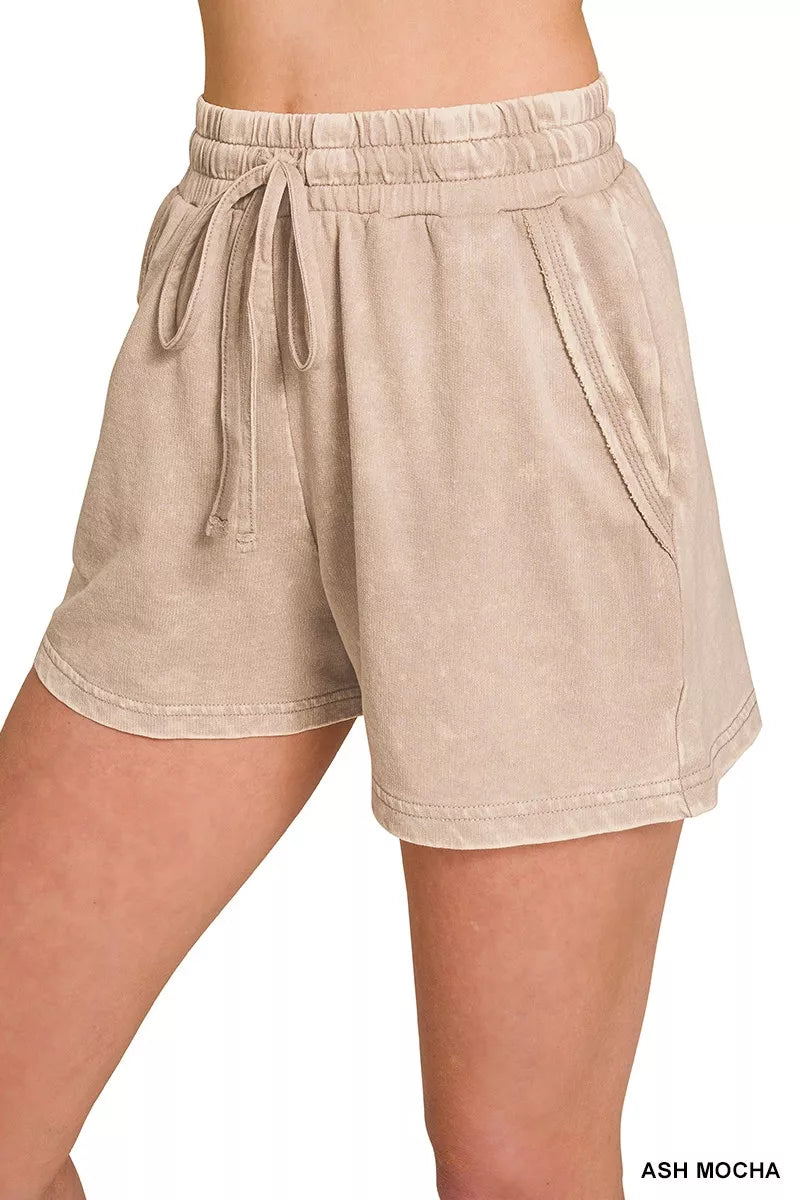 French Terry Acid Washed Relaxed Top & Short Set in Mocha for Women
