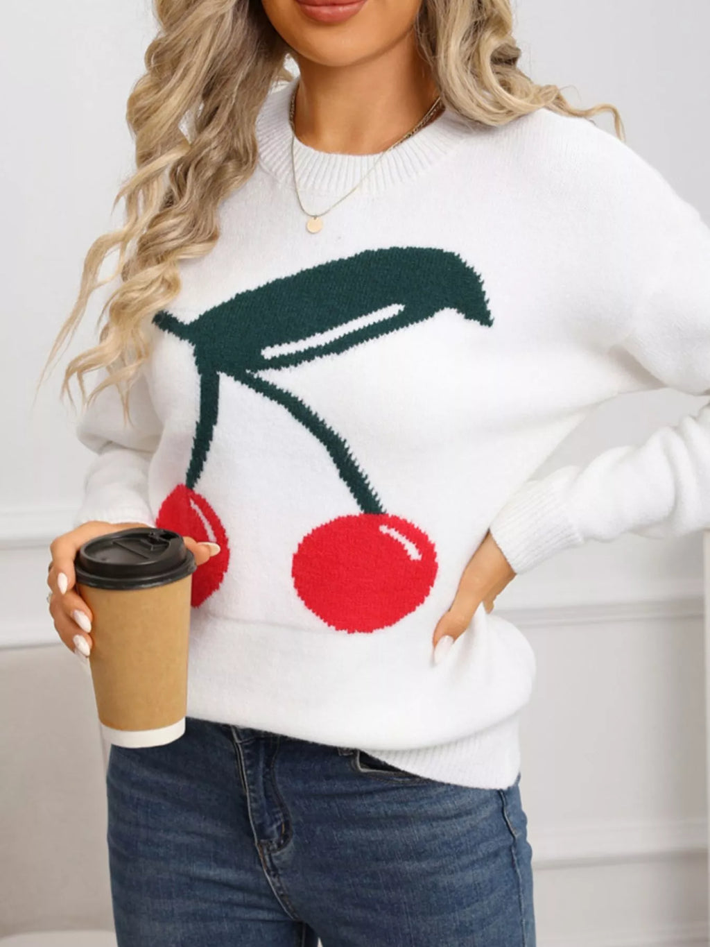 Cherry Round Neck Sweater in Gray White for Women