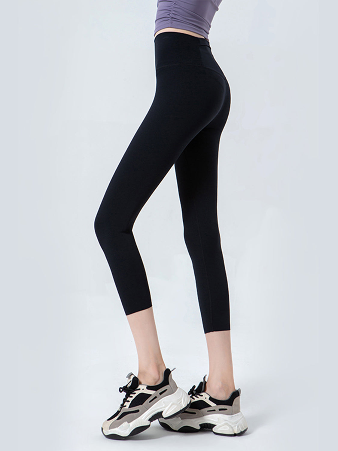 Wide Waistband Cropped Sports Leggings in Dusty Blue for Women
