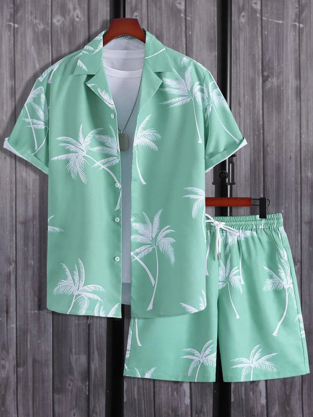 Palm Print Button Up Shirt and Shorts Set Plus Size in Pink for Men