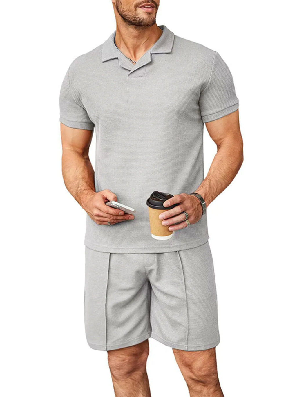 Plus Size Short Sleeve Top and Shorts Set in Grey for Men