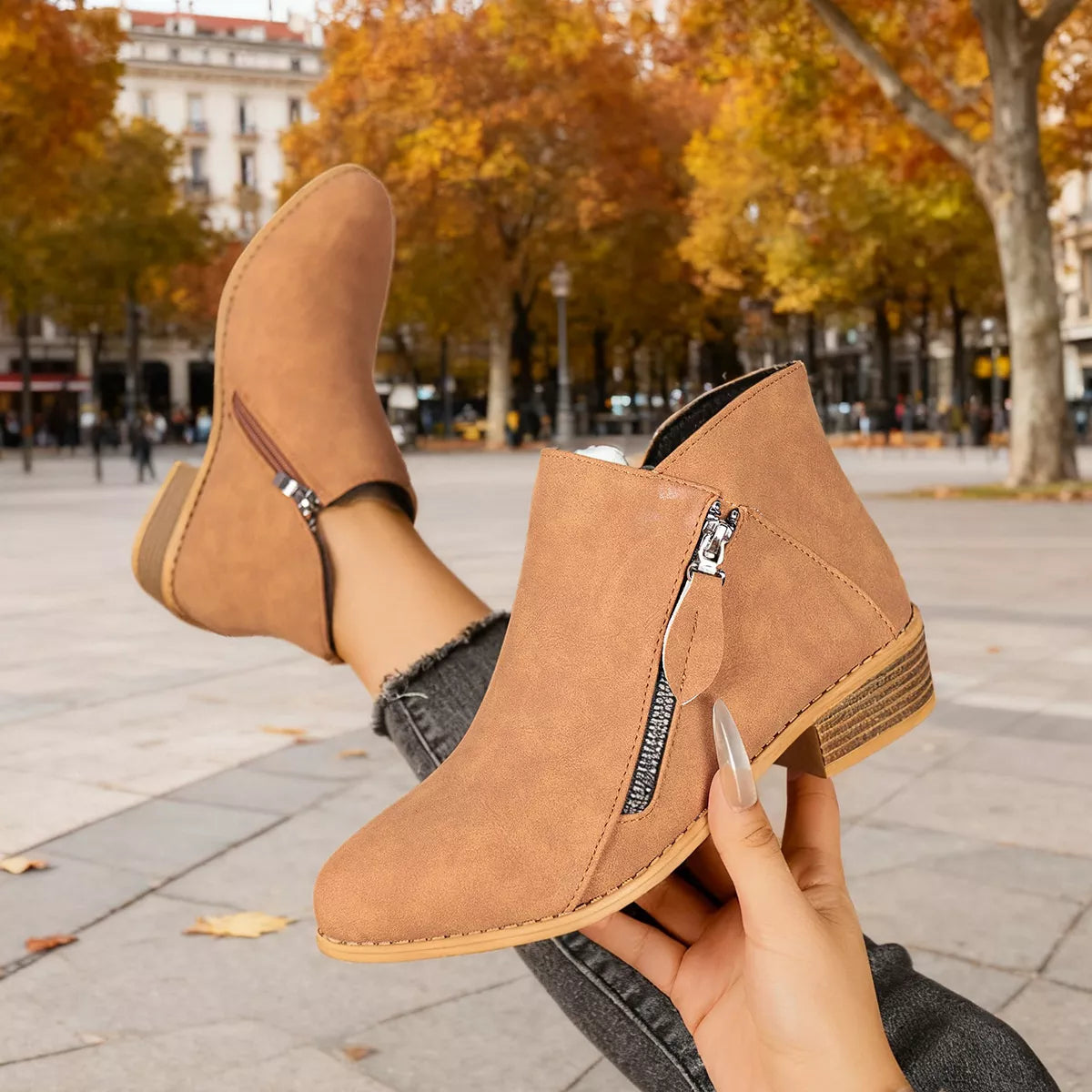 Size Zipper Block Heels Boots in Blue for Women